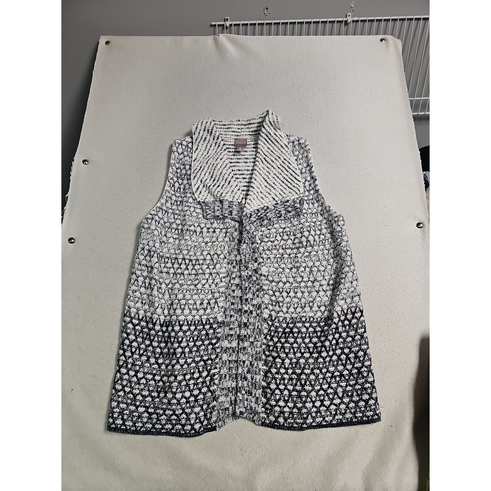 Chicos Navy Blue White Ombre Knit Sweater Vest Shawl Collar Open Front Size 2 L